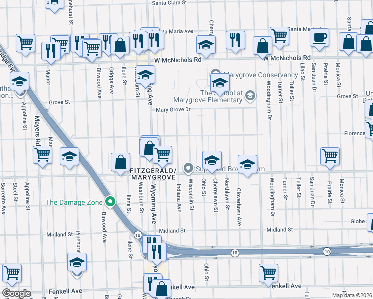 map of restaurants, bars, coffee shops, grocery stores, and more near 16183 Wisconsin Street in Detroit