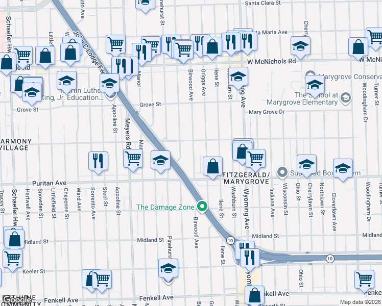 map of restaurants, bars, coffee shops, grocery stores, and more near 16191 Birwood Street in Detroit