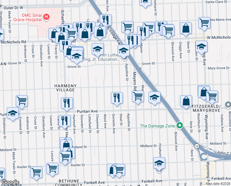 map of restaurants, bars, coffee shops, grocery stores, and more near 16197 Steel Street in Detroit