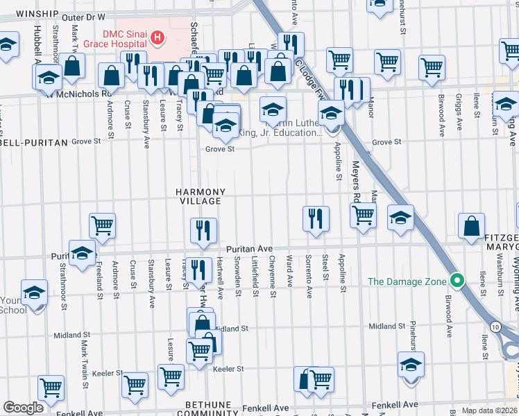 map of restaurants, bars, coffee shops, grocery stores, and more near 16209 Littlefield Street in Detroit