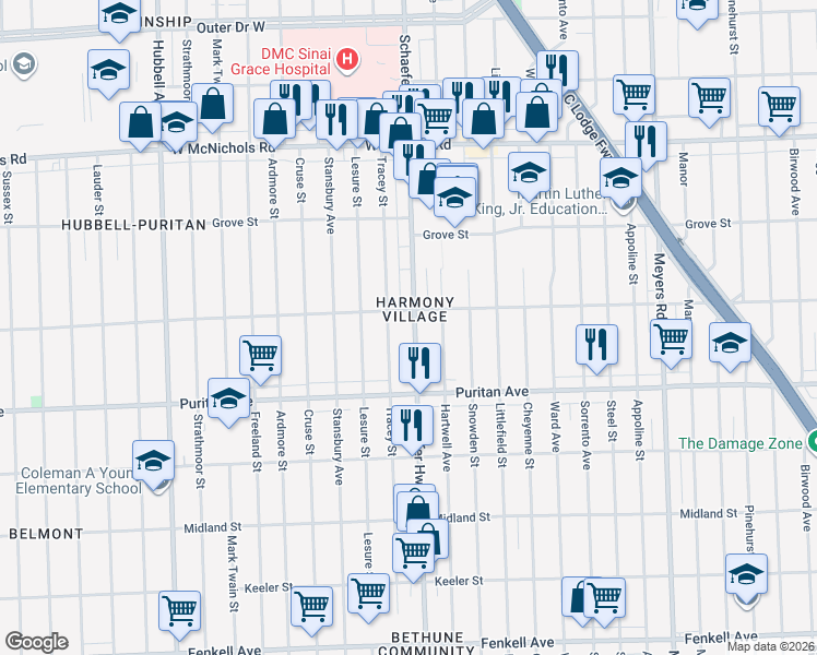 map of restaurants, bars, coffee shops, grocery stores, and more near 16222 Schaefer Highway in Detroit