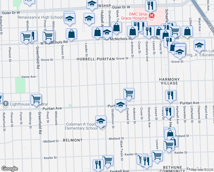 map of restaurants, bars, coffee shops, grocery stores, and more near 16233 Strathmoor Street in Detroit