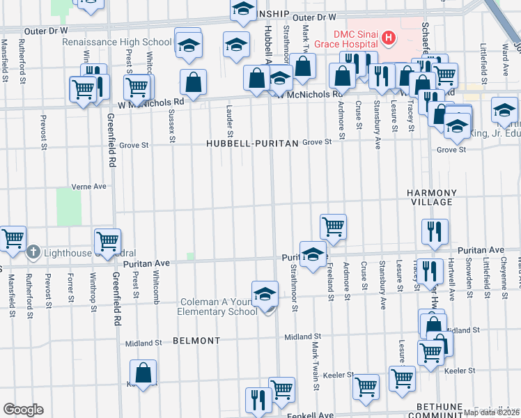 map of restaurants, bars, coffee shops, grocery stores, and more near 16240 Marlowe Street in Detroit