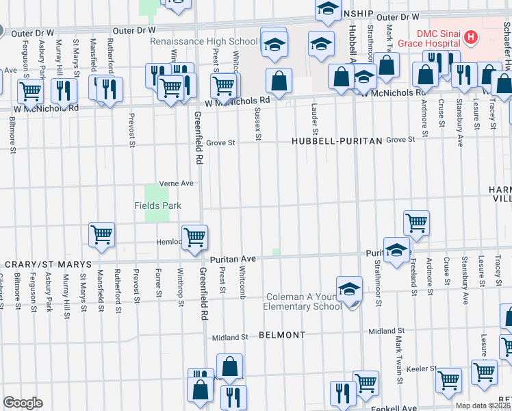 map of restaurants, bars, coffee shops, grocery stores, and more near 16250 Whitcomb in Detroit