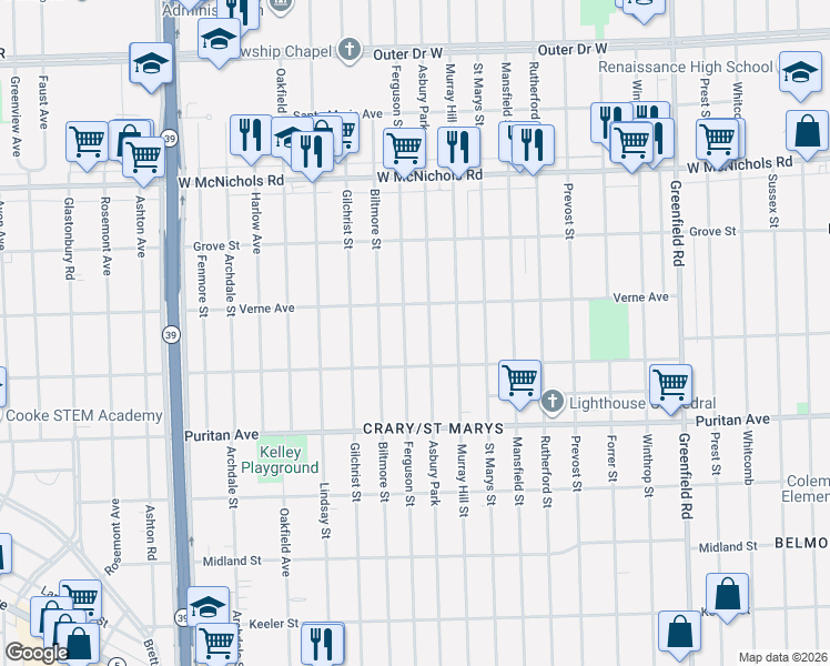 map of restaurants, bars, coffee shops, grocery stores, and more near 16542 Ferguson Street in Detroit