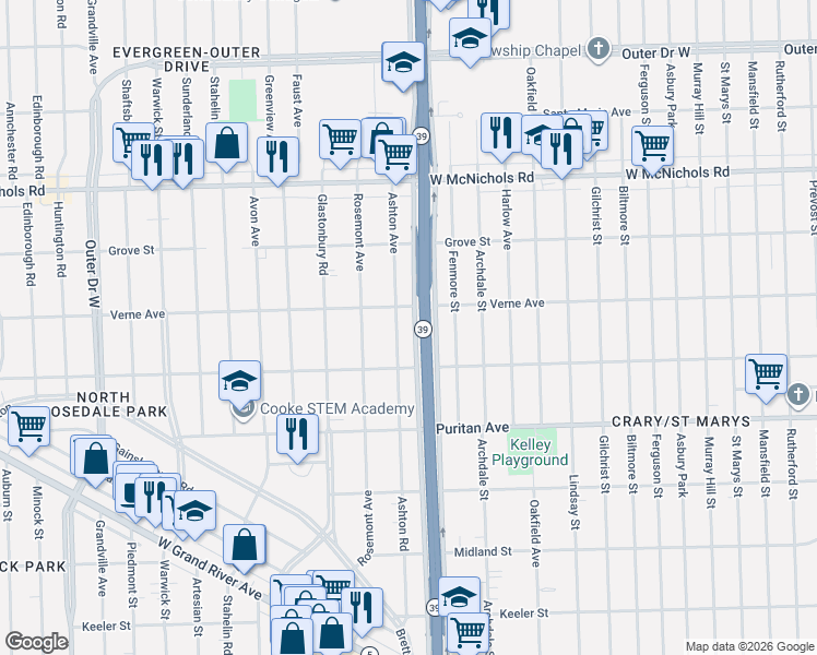 map of restaurants, bars, coffee shops, grocery stores, and more near 16561 Ashton Avenue in Detroit