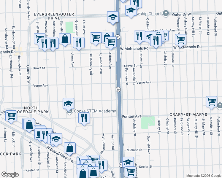 map of restaurants, bars, coffee shops, grocery stores, and more near 16561 Ashton Avenue in Detroit