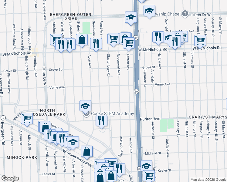 map of restaurants, bars, coffee shops, grocery stores, and more near 16561 Rosemont Avenue in Detroit
