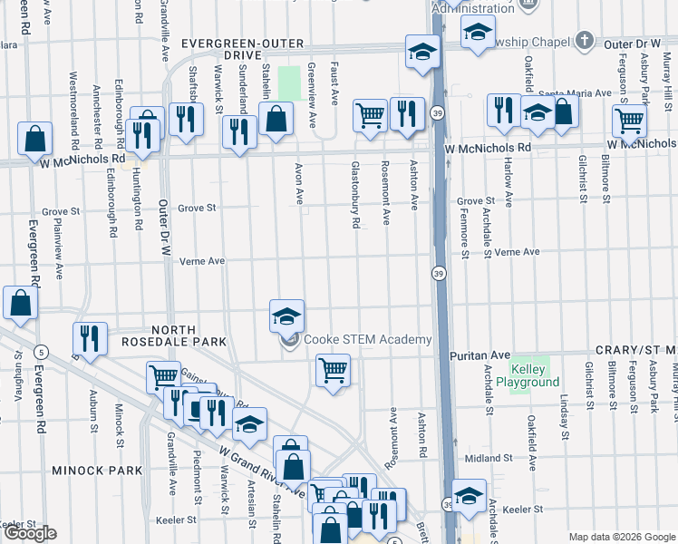 map of restaurants, bars, coffee shops, grocery stores, and more near 16565 Glastonbury Road in Detroit