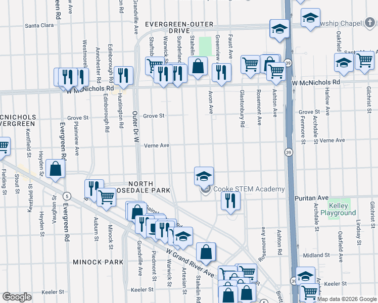 map of restaurants, bars, coffee shops, grocery stores, and more near 16562 Sunderland Road in Detroit