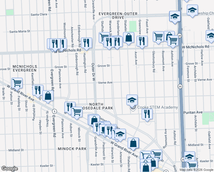 map of restaurants, bars, coffee shops, grocery stores, and more near 16575 Shaftsbury Avenue in Detroit