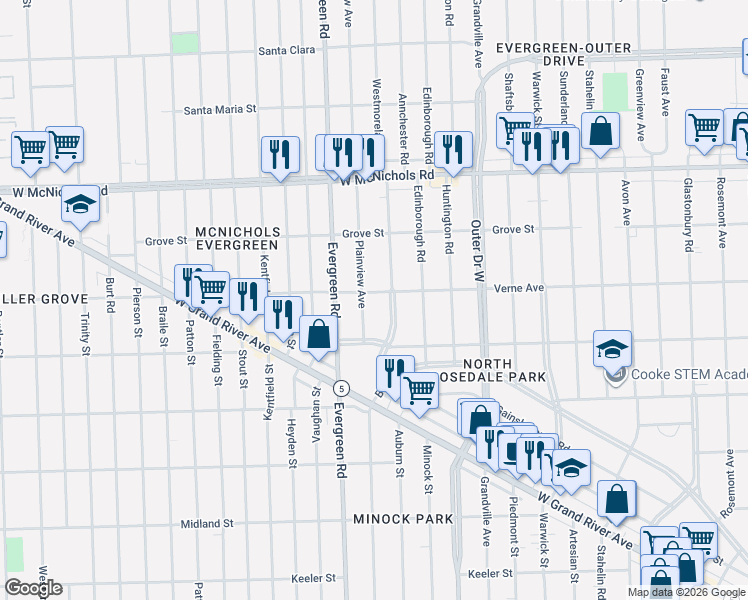 map of restaurants, bars, coffee shops, grocery stores, and more near 16560 Plainview Avenue in Detroit