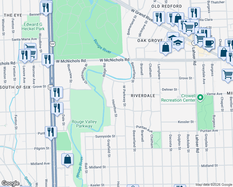 map of restaurants, bars, coffee shops, grocery stores, and more near 16570 Hazelton Street in Detroit