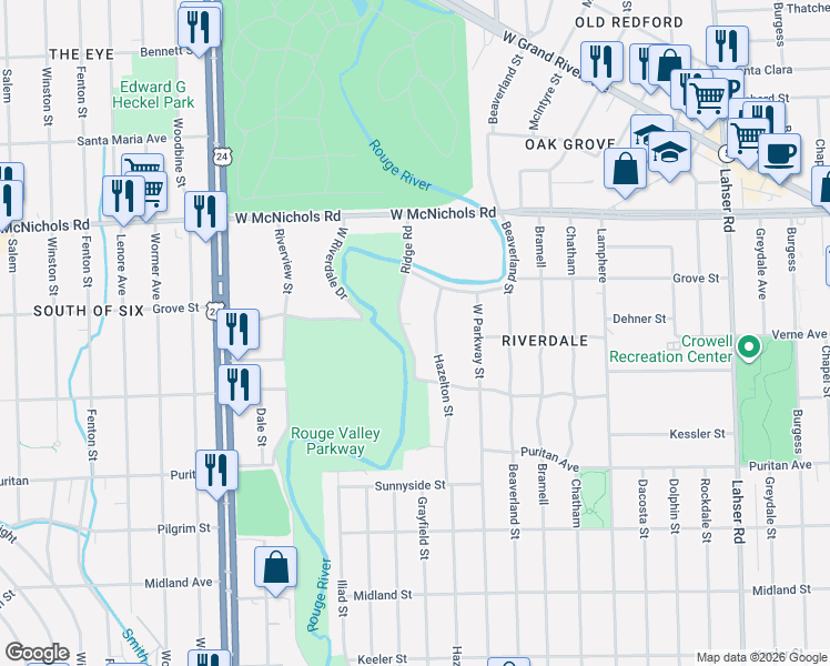 map of restaurants, bars, coffee shops, grocery stores, and more near 16580 Ridge Road in Detroit