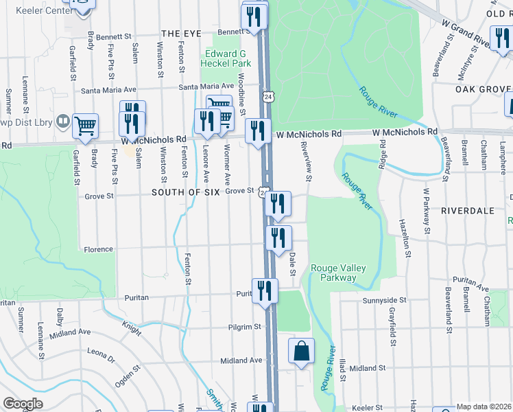 map of restaurants, bars, coffee shops, grocery stores, and more near 16601 Woodbine Street in Detroit