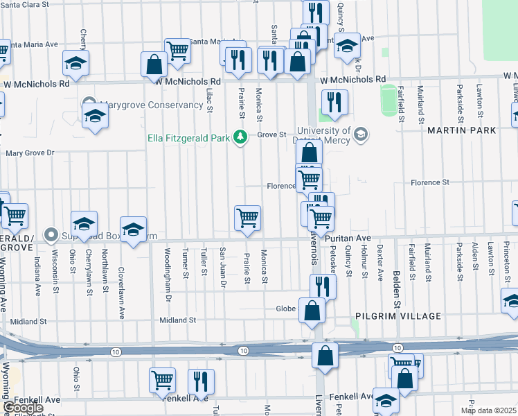map of restaurants, bars, coffee shops, grocery stores, and more near 16176 Monica Street in Detroit