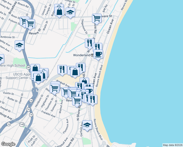 map of restaurants, bars, coffee shops, grocery stores, and more near 376 Ocean Avenue in Revere