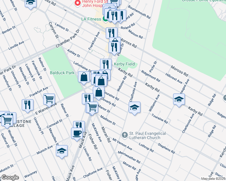map of restaurants, bars, coffee shops, grocery stores, and more near 460 Touraine Road in Grosse Pointe Farms