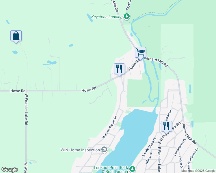 map of restaurants, bars, coffee shops, grocery stores, and more near 7707 Howe Road in Wonder Lake