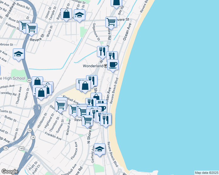 map of restaurants, bars, coffee shops, grocery stores, and more near 394 Ocean Avenue in Revere