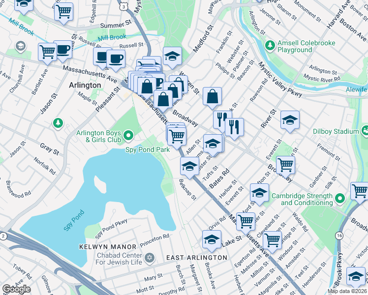 map of restaurants, bars, coffee shops, grocery stores, and more near 347 Massachusetts Avenue in Arlington