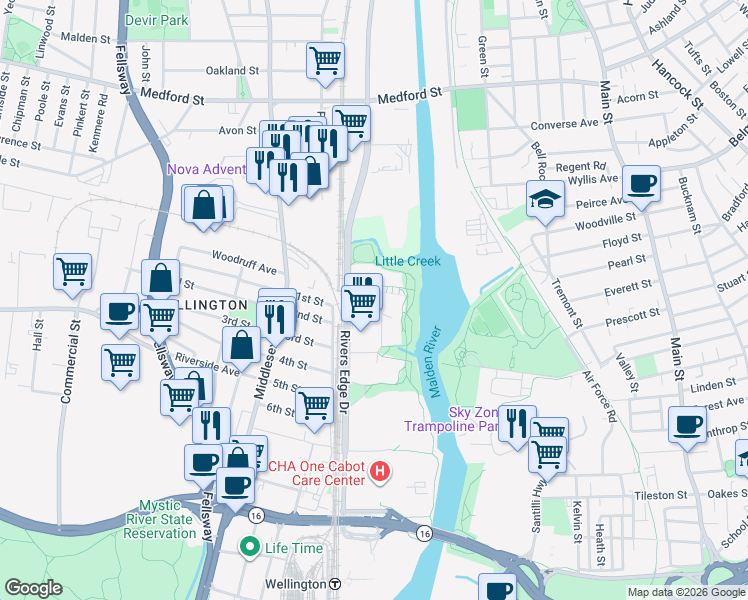 map of restaurants, bars, coffee shops, grocery stores, and more near 150 Rivers Edge Drive in Medford