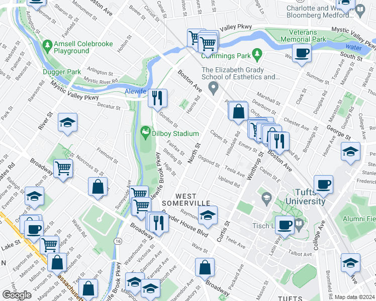 map of restaurants, bars, coffee shops, grocery stores, and more near 8 Woods Avenue in Somerville