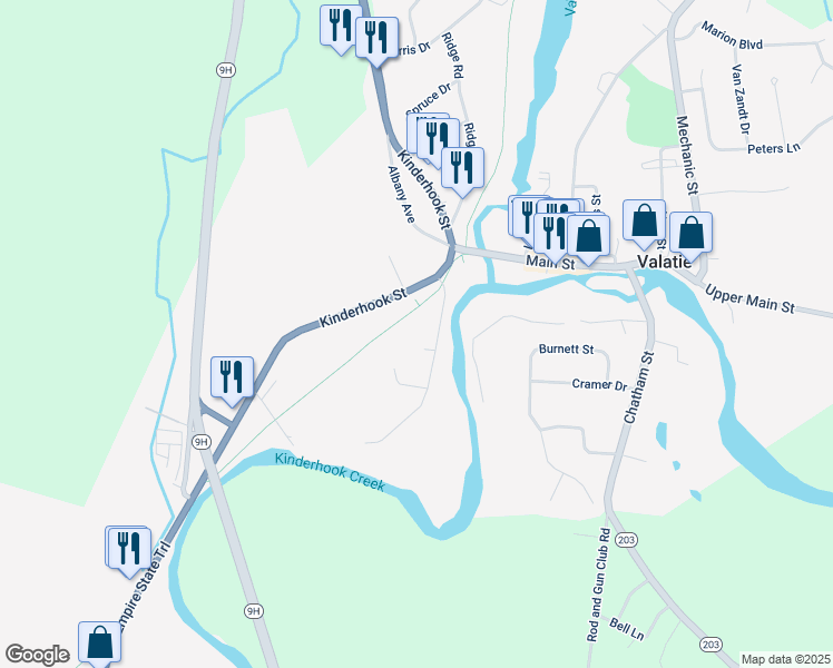map of restaurants, bars, coffee shops, grocery stores, and more near 1306 River Street in Valatie