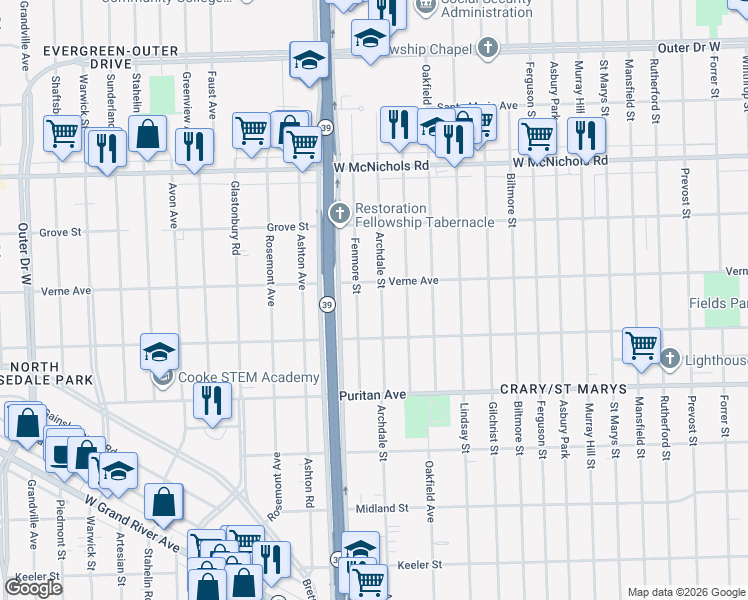 map of restaurants, bars, coffee shops, grocery stores, and more near 16561 Archdale Street in Detroit