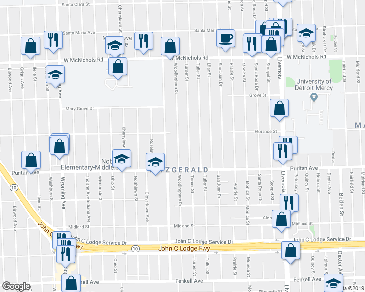 map of restaurants, bars, coffee shops, grocery stores, and more near 16204 Woodingham Drive in Detroit