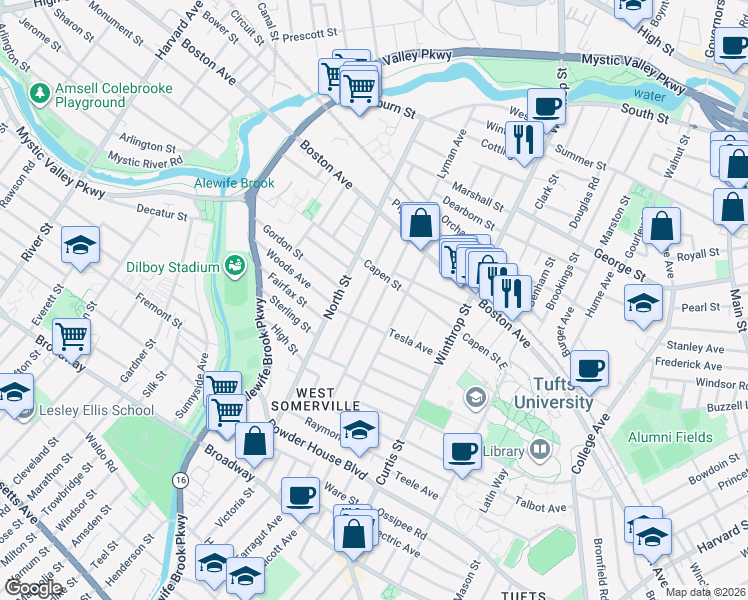 map of restaurants, bars, coffee shops, grocery stores, and more near 52 Adams Street in Medford