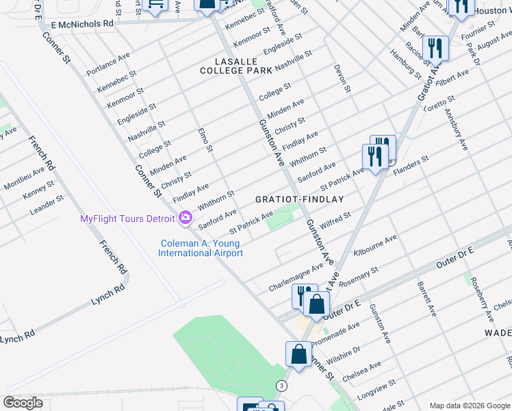 map of restaurants, bars, coffee shops, grocery stores, and more near 11410 Sanford Avenue in Detroit