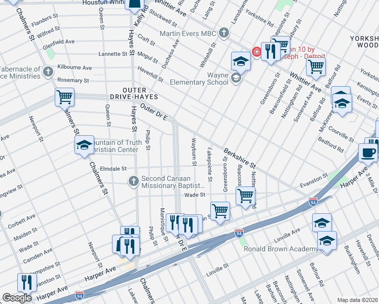map of restaurants, bars, coffee shops, grocery stores, and more near 10201 Outer Drive East in Detroit