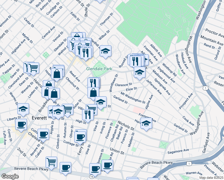 map of restaurants, bars, coffee shops, grocery stores, and more near 8 Garland Street in Everett
