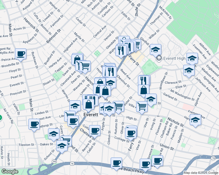 map of restaurants, bars, coffee shops, grocery stores, and more near 587 Broadway in Everett