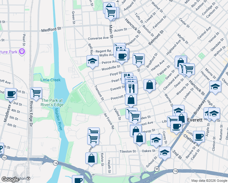 map of restaurants, bars, coffee shops, grocery stores, and more near 57 Prescott Street in Everett