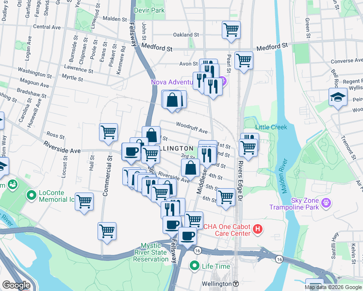 map of restaurants, bars, coffee shops, grocery stores, and more near 83 3rd Street in Medford