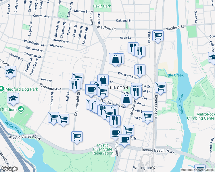map of restaurants, bars, coffee shops, grocery stores, and more near in Medford