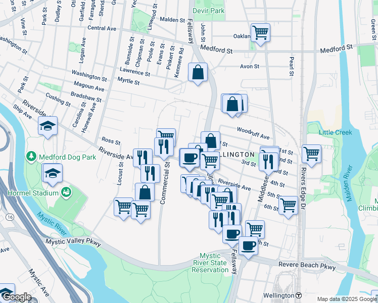 map of restaurants, bars, coffee shops, grocery stores, and more near 158 4th Street in Medford
