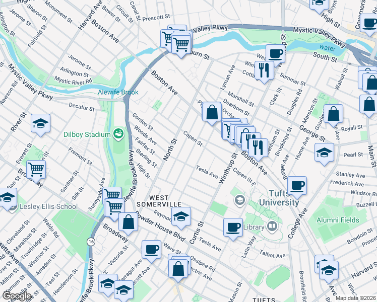 map of restaurants, bars, coffee shops, grocery stores, and more near 52 Adams Street in Medford