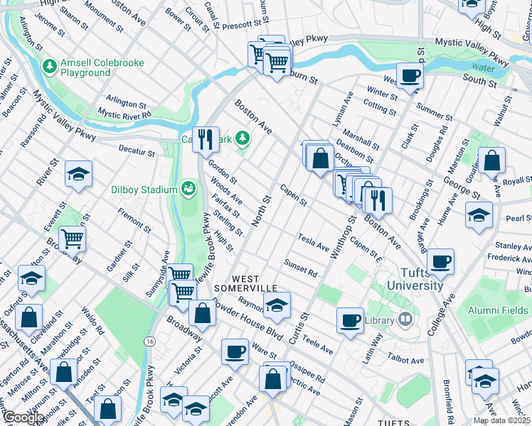 map of restaurants, bars, coffee shops, grocery stores, and more near 67 Quincy Street in Medford