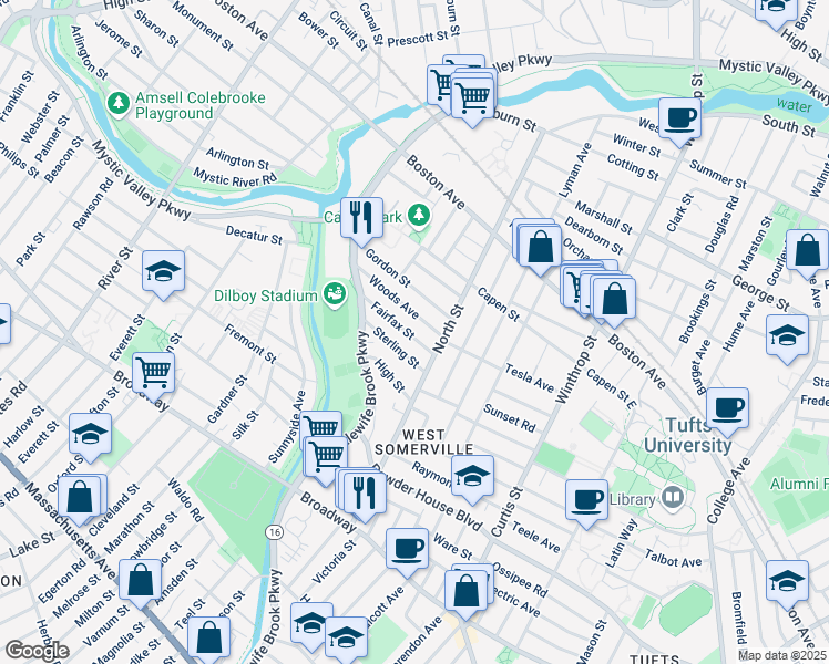 map of restaurants, bars, coffee shops, grocery stores, and more near 15 Fairfax Street in Somerville