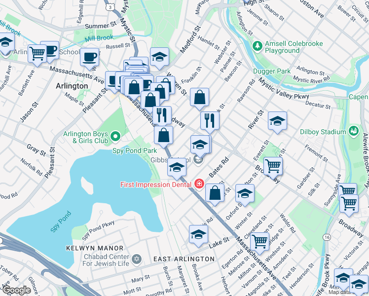 map of restaurants, bars, coffee shops, grocery stores, and more near 28 Adams Street in Arlington
