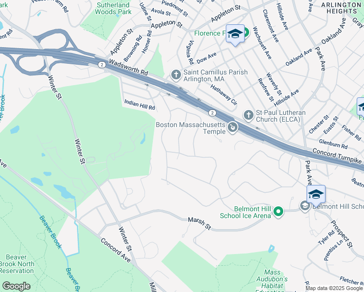map of restaurants, bars, coffee shops, grocery stores, and more near 6 Lantern Road in Belmont