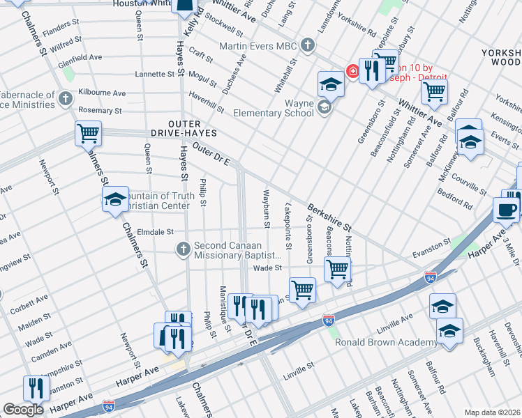 map of restaurants, bars, coffee shops, grocery stores, and more near 10201 Outer Drive East in Detroit