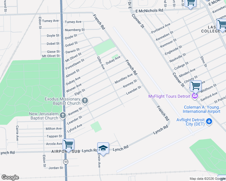 map of restaurants, bars, coffee shops, grocery stores, and more near 8418 Kenney Street in Detroit