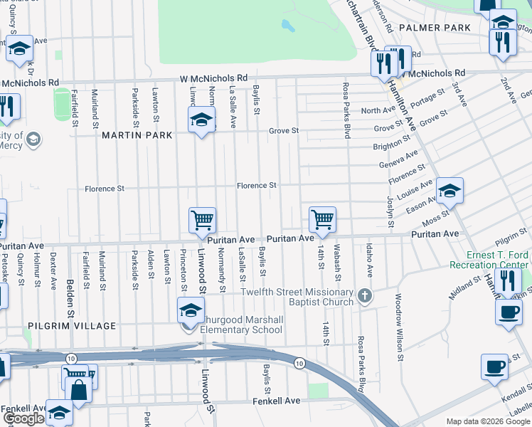 map of restaurants, bars, coffee shops, grocery stores, and more near 16147 Baylis Street in Detroit