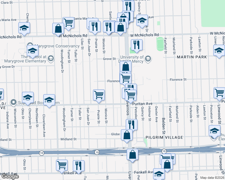 map of restaurants, bars, coffee shops, grocery stores, and more near 16176 Monica Street in Detroit