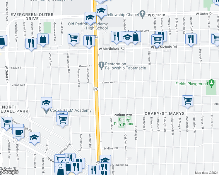 map of restaurants, bars, coffee shops, grocery stores, and more near 16561 Archdale Street in Detroit