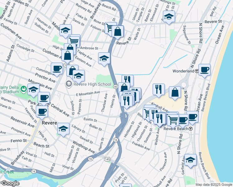 map of restaurants, bars, coffee shops, grocery stores, and more near 80 American Legion Highway in Revere